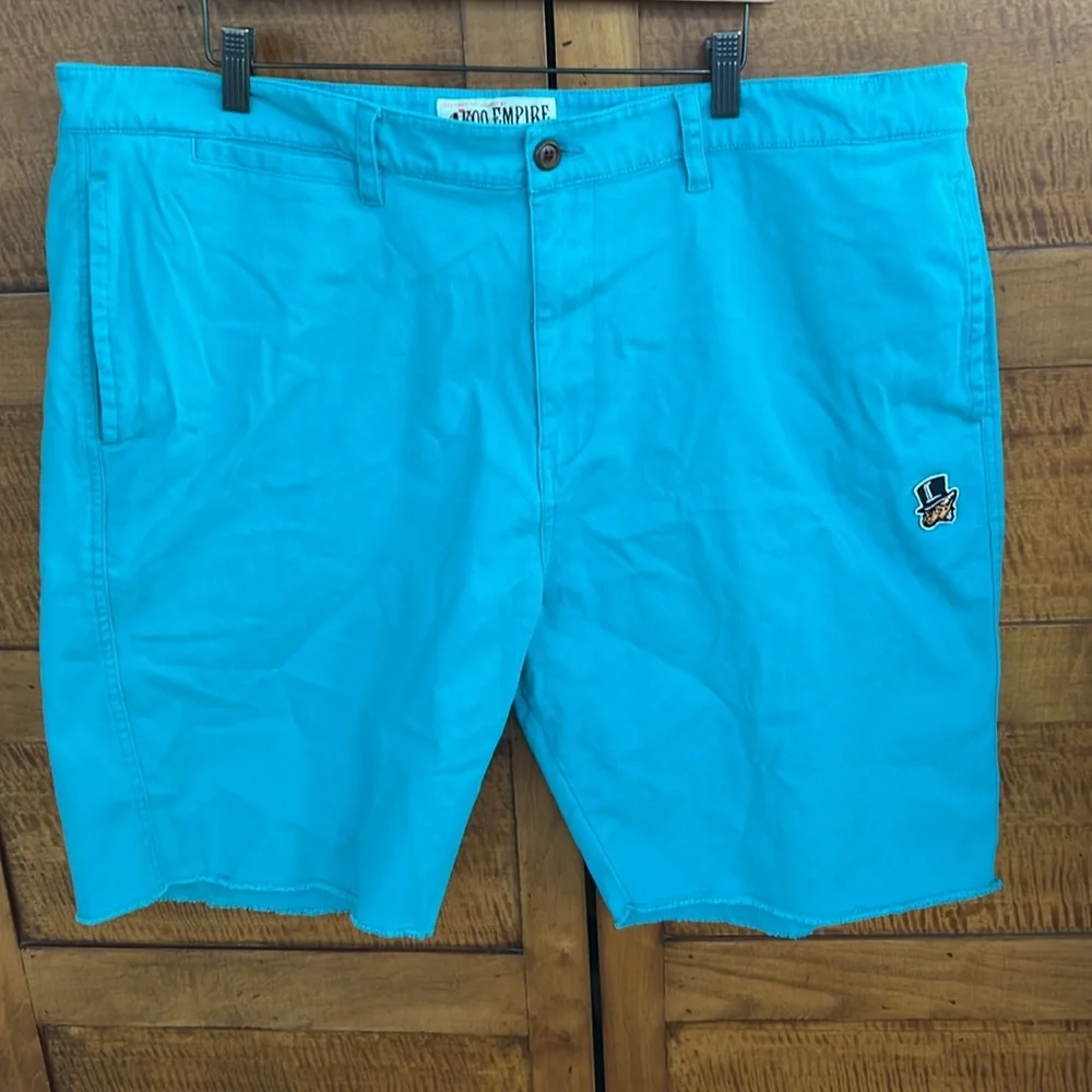 🧵42W 9” Inseam — Men's Teal Akoo Shorts | Raw Hem | Zipper & Button Closure